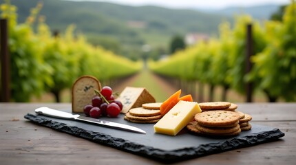 Weathered slate table with artisanal cheeseboard and silver knife. Vineyard bokeh landscape background.