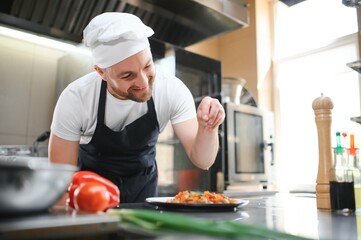 Chef salt slice vegetables and meat. Concentrated chef prepare food. Professional male cook healthy food at commercial restaurant