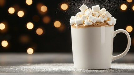 A mug of hot cocoa topped with marshmallows against a blurred background with warm glowing lights, creating a cozy and inviting atmosphere.
