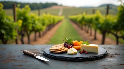Weathered slate table with artisanal cheeseboard and silver knife. Vineyard bokeh landscape background.