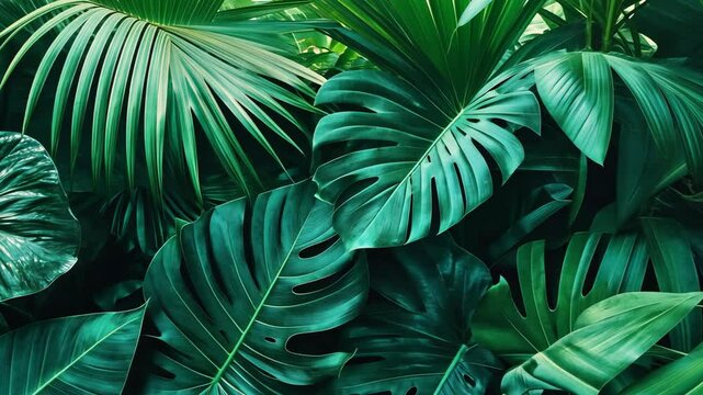 Lush green tropical foliage filled with vibrant palm leaves and large monstera leaves in a dense garden setting