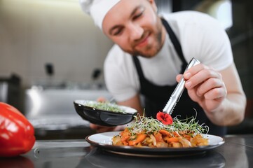 Closeup of a concentrated male chef garnishing food in the kitchen