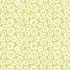 Soft green floral seamless pattern with delicate white hand-drawn blossoms. Fresh botanical design ideal for textiles, stationery, and spring projects.