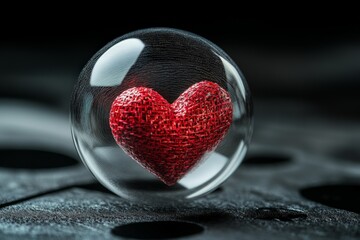 Fototapeta premium Reflective red knitted heart encased in a transparent glass sphere resting on a textured dark surface symbolizing handcrafted love protection and emotional warmth
