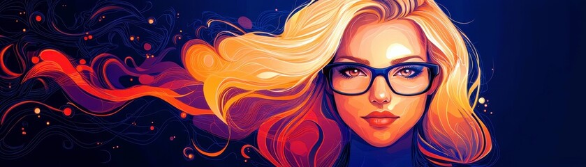 Vibrant Portrait of a Stylish Woman with Glasses and Flowing Hair in an Abstract Colorful Background
