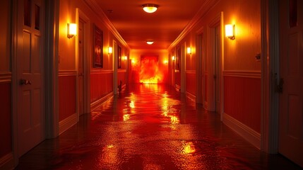 Inferno Corridor: A fiery hallway scene with red reflections on a flooded floor, creating an ominous and surreal atmosphere.
