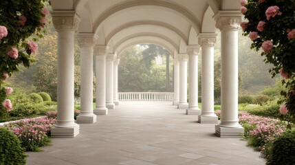 A serene fairytale garden with elegant flower arches, lush greenery, and classic architectural columns creating a magical and tranquil atmosphere.