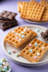 photo Delicious Waffle Plate with Marshmallows and Chocolate is the Perfect Sweet Breakfast or Brunch Treat for Kids and Families in a Cozy, Relaxing Afternoon Setting