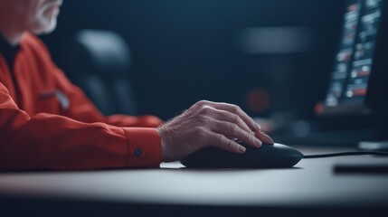 A person in a red shirt operates a computer mouse, focusing on financial data displayed on a screen. The scene is dimly lit, conveying a professional atmosphere.