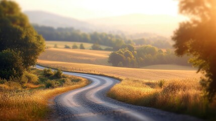 Fototapeta premium Charming rural road through fields with sunlight and bokeh