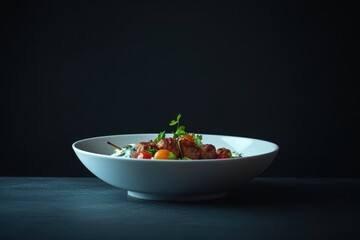 Savory meat skewers resting atop fresh salad with vibrant vegetables glowing against a dark backdrop