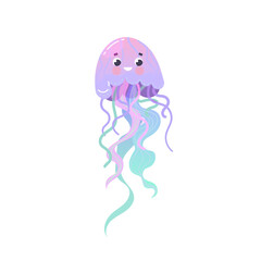 Vector illustration of cute funny jellyfish isolated on white background. Cartoon sea animal character used for children book, poster, card, invitation, print.