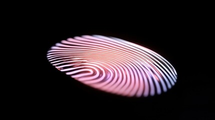 A futuristic digital fingerprint with luminescent pink and purple lines on a black background, representing advanced biometric technology.