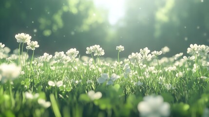 Fototapeta premium A serene meadow filled with wildflowers and clover basking in gentle sunlight, creating a tranquil and natural summer scene.