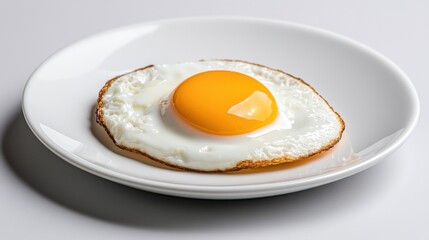 A perfectly fried egg with a golden yolk sits on a white plate, showcasing its sunny-side-up style. The image is sharp, cinematic, and highly detailed.