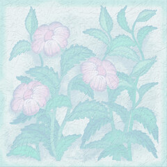 Light aqua floral artwork with soft pink blossoms and textured leafy design. Pastel botanical background ideal for greeting cards and feminine décor.