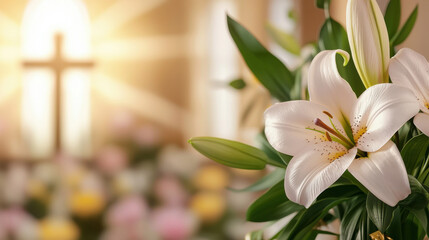 A serene arrangement of white lilies in a soft-focus background featuring a cross, symbolizing peace and spirituality.