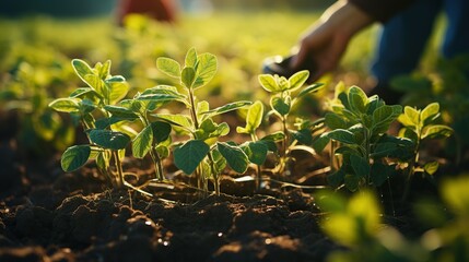 Planting soy seedlings in the field. Selective focus.