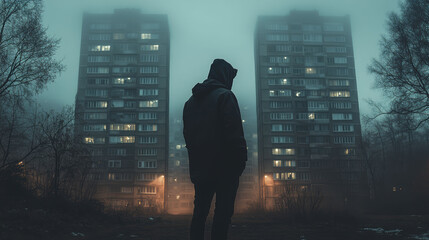 Fototapeta premium A solitary figure in a hooded coat stares at fog-shrouded, illuminated apartment buildings, creating a mysterious, atmospheric urban scene.