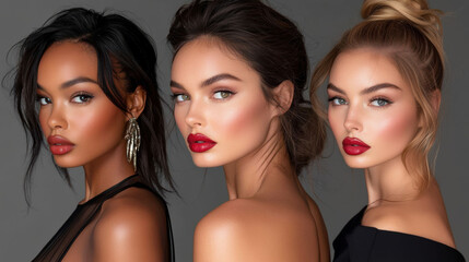 Three women with striking makeup and elegant hairstyles pose confidently, exuding glamour and sophistication in a fashion-forward setting.