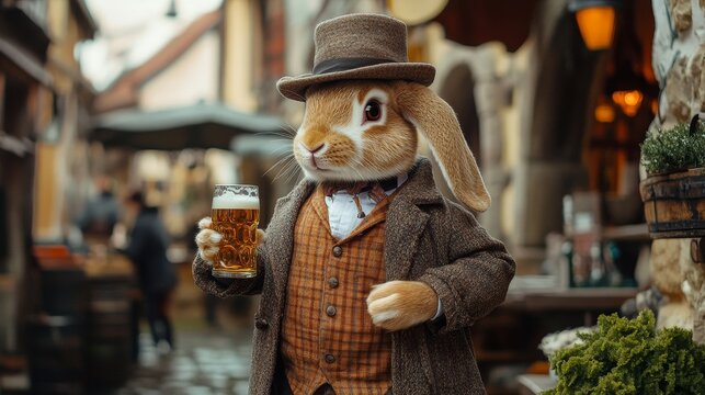 Historical rabbit in costume enjoys beer on cobblestone street by old european tavern