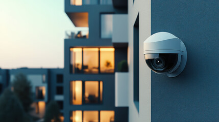 Evening falls as a security camera keeps a watchful eye over an illuminated apartment complex, ensuring safety and modern vigilance.