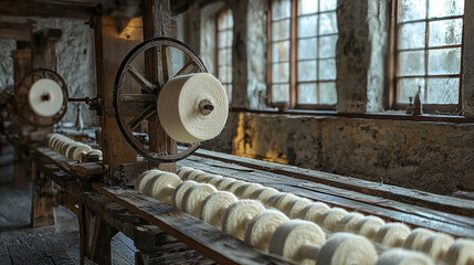 Rustic spinning machinery in an old workshop glows in natural light streaming through large windows, with spools of thread lined up in preparation.