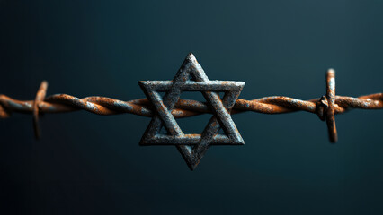 A Star of David placed on barbed wire against a dark background, evoking a haunting sense of historical memory and resilience.