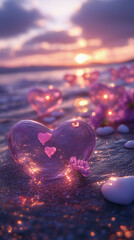 Fototapeta premium A beach scene with three purple hearts lit up in the sand