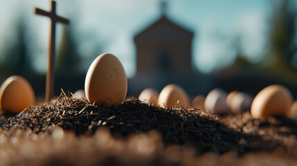 A serene scene featuring eggs nestled in soil near a cross, symbolizing themes of rebirth and spirituality against a blurred church backdrop.