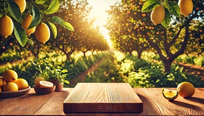 Empty wood table with free space over orchard, orchard background. For product display montage.