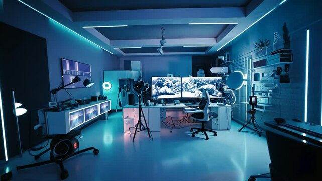 Futuristic neon-lit studio with computers, screens, and photography equipment.