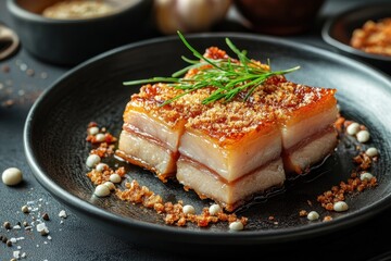 Crispy pork belly delicately plated with herbs and spices on a dark textured surface