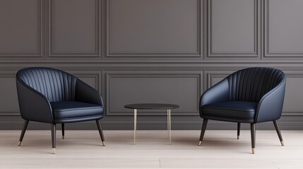 A sophisticated dark room featuring two navy blue armchairs and a sleek round table. The modern design is accentuated by the paneled grey walls.