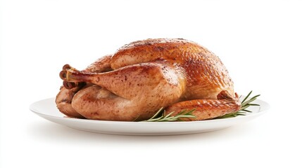 A perfectly roasted turkey on a white plate, garnished with rosemary, isolated on a transparent background. The golden-brown skin looks crispy and inviting.
