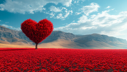 Fototapeta premium A red heart tree is in a field of red flowers. The scene is peaceful and romantic. The heart tree is surrounded by a large field of red flowers, creating a beautiful and serene atmosphere