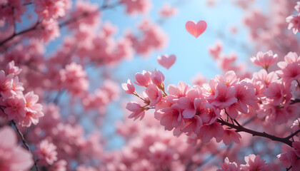 Heart-shaped petals amidst vibrant cherry blossoms embracing nature's artistry, Close-up