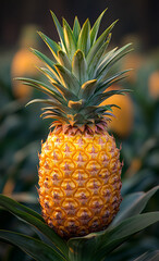 A pineapple is sitting on a leafy green plant. The pineapple is the main focus of the image, and it is ripe and ready to be picked. The surrounding plants and leaves create a lush, tropical atmosphere