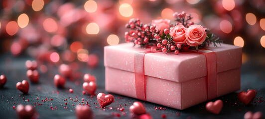 A pink box with a ribbon and flowers on top of it. The box is surrounded by many red hearts