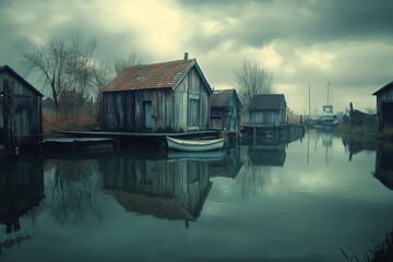 Obraz premium Rustic wooden houses by a quiet river under an overcast sky