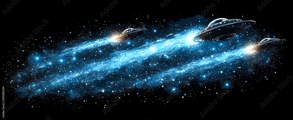 Canvas Prints three spaceships are flying through space with a blue trail behind them. the trail is made up of gli