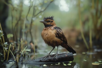 Bird stands on a log near water in a lush, green environment during a misty morning