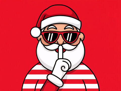 Cartoon-style Santa Claus wearing sunglasses and Requesting Silence with a Shush gesture - Powered by Adobe