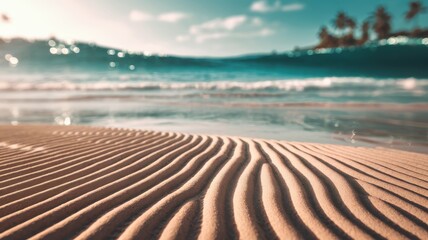 Fototapeta premium A serene view of rippled sand on a tranquil beach, with gentle waves lapping the shore and a soft, warm light creating a peaceful atmosphere.