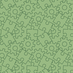 Cogwheel and puzzle green seamless pattern