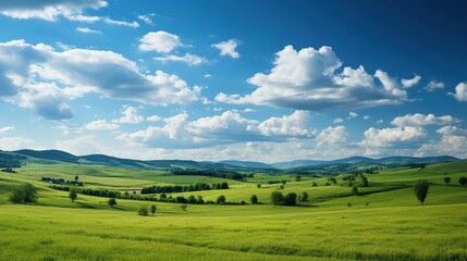Beautiful panoramic view of green meadow and mountains.