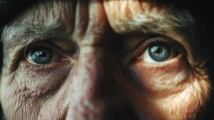Close-up of an elderly person's expressive eyes illuminated by soft light showcasing years of wisdom and experience
