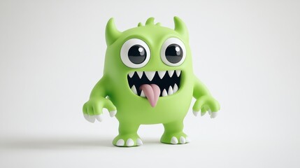 Fototapeta premium A cute, green, cartoon monster with big eyes and a playful expression stands against a clean backdrop, embodying a fun Halloween theme.