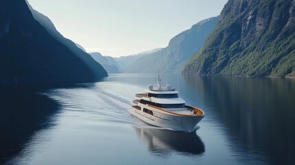 Fototapeta premium A luxury cruise ship sails through a serene, narrow canyon surrounded by towering rock cliffs and calm water, capturing a peaceful, majestic scene.