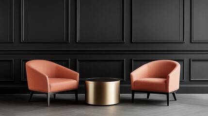 Sophisticated living room with black panel walls, featuring two coral armchairs and a gold cylindrical coffee table on a dark herringbone floor.